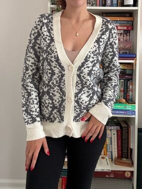 Joe Fresh Cream and Gray Patterned Button-Up V-Neck Cardigan